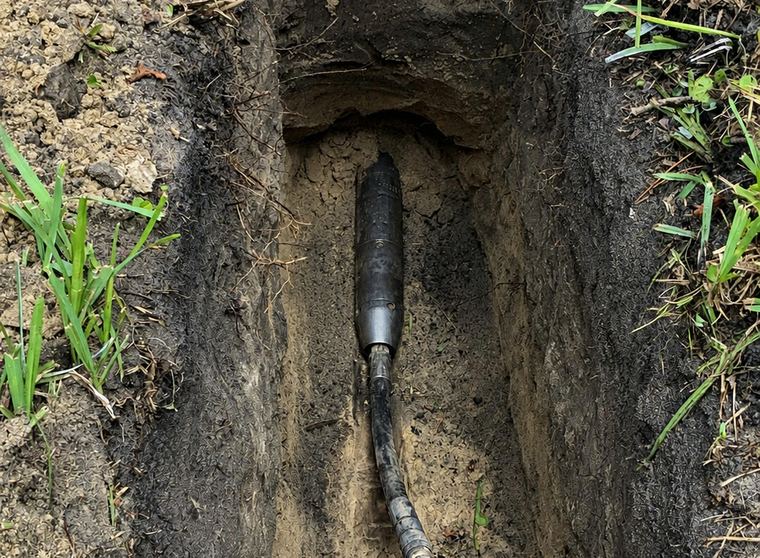 Conduit and pulling head in an open trench